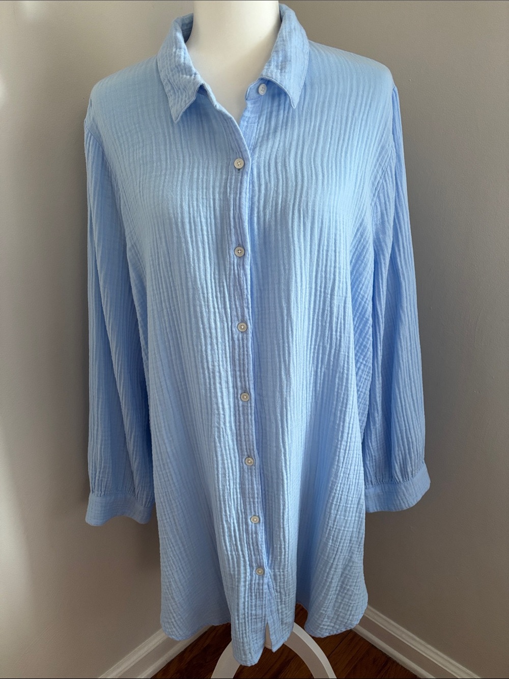 Light Blue Button-Front Gauze Tunic Beach Cover Up